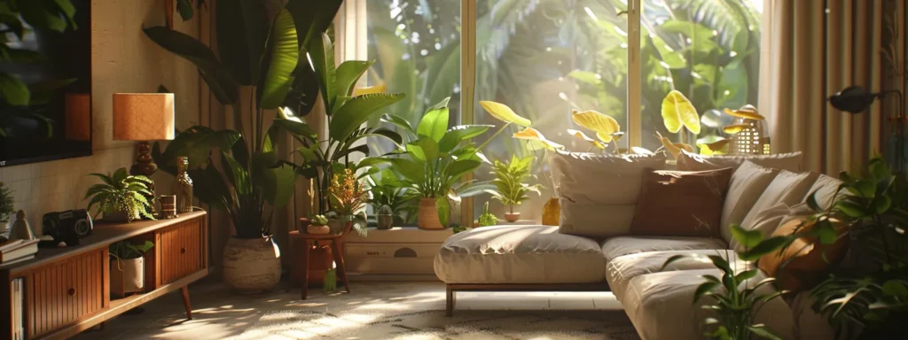 a bright, inviting living room adorned with elegant furnishings and vibrant plants, capturing the essence of comfort and joy as beaming customers admire the beautiful interior.