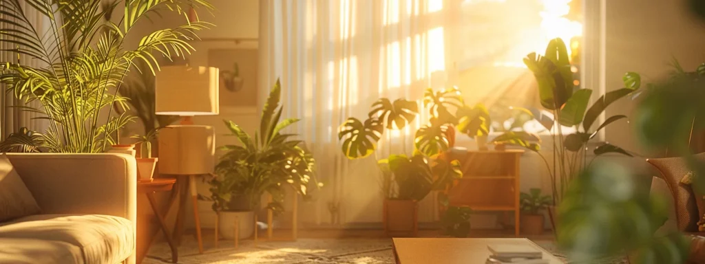 a radiant living room bathed in warm, golden sunlight showcases elegant furnishings and lush indoor plants, creating an inviting atmosphere that reflects joyful harmony and comfort.