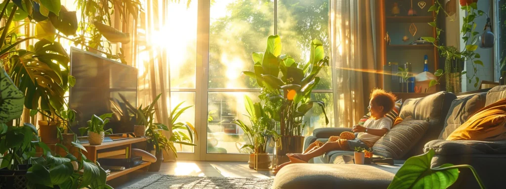 a radiant living room filled with vibrant potted plants and natural light streaming through large windows, showcasing the joyful ambiance of happy families enjoying their beautiful home.