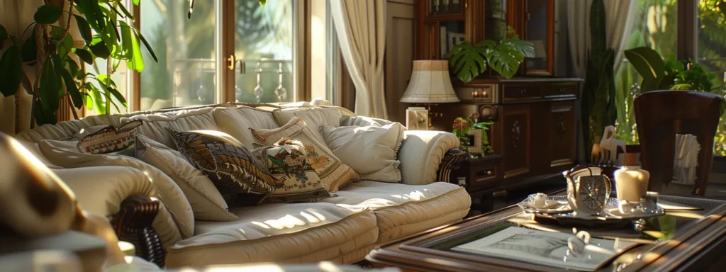 a radiant, sunlit living room boasts elegant furnishings and vibrant greenery, exuding a sense of warmth and joy that reflects the happiness of its contented occupants.