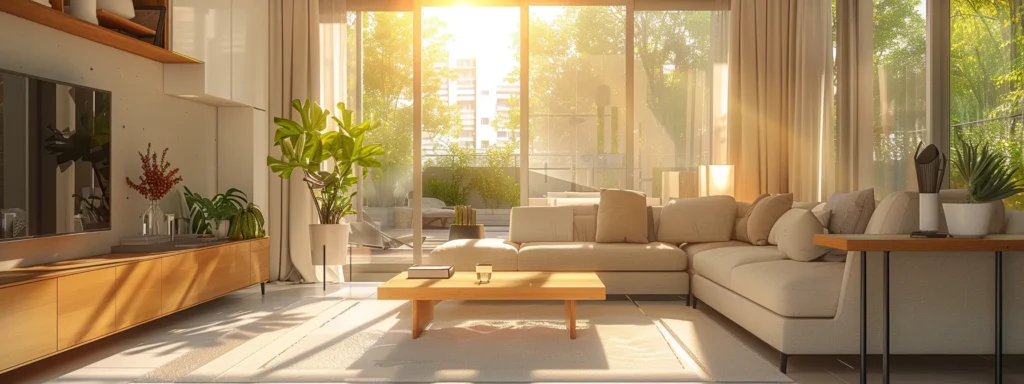 a sunlit, beautifully designed modern living room radiates warmth and elegance, filled with happy customers enjoying the inviting space.