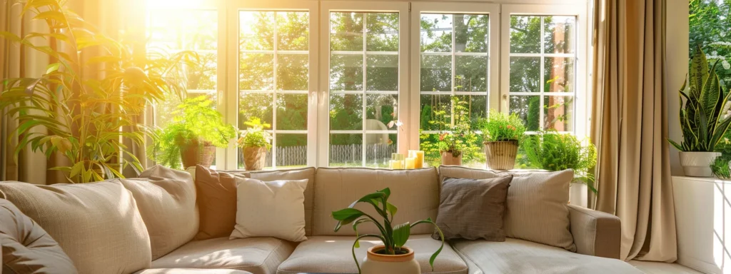 a sunlit, elegant living room showcases plush furnishings and vibrant greenery, reflecting a joyful atmosphere filled with happy customers enjoying their beautiful home.