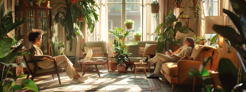 a sunlit, elegantly decorated living room with cheerful customers enjoying a warm conversation, surrounded by vibrant houseplants and tasteful decor.