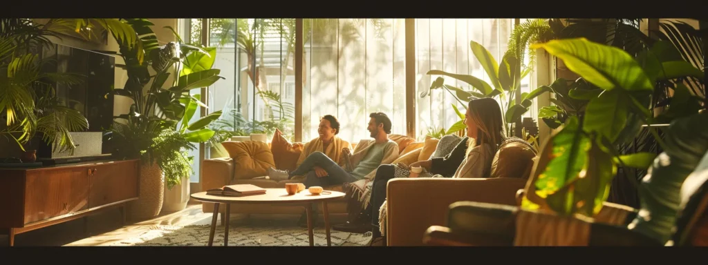 a sunlit, elegantly designed living room features delighted customers admiring the stylish decor, with vibrant plants and warm textures creating an inviting atmosphere.