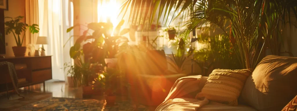 a sunlit, elegantly furnished living room featuring lush plants and cozy decor, radiating warmth and contentment with happy customers enjoying the inviting space.