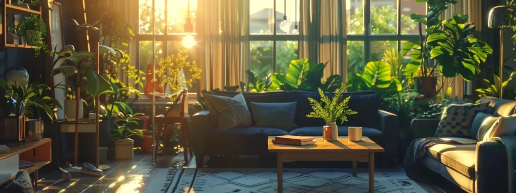 a sunlit, inviting living room adorned with lush greenery and vibrant decor, radiating warmth and joy as happy customers relax in its beautiful interior.