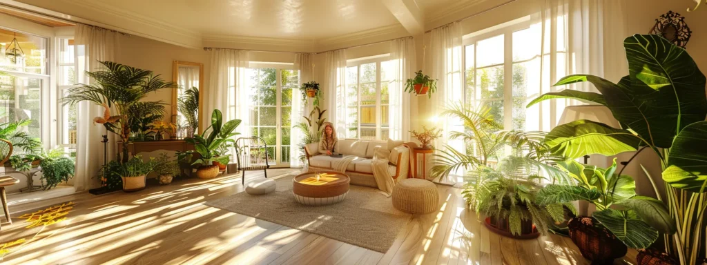 a sunlit, inviting living room filled with vibrant plants and elegant decor, showcasing joyful customers enjoying the warm, welcoming atmosphere of their beautifully designed home.