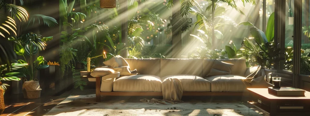 a sunlit, welcoming living room adorned with lush greenery and stylish furnishings, showcasing the joy of happy customers enjoying their beautiful home environment.