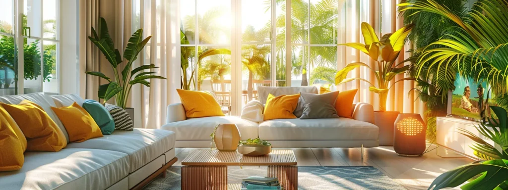 a vibrant and cheerful living room filled with natural light, showcasing elegant furnishings and lush greenery, capturing the essence of joyful home life.