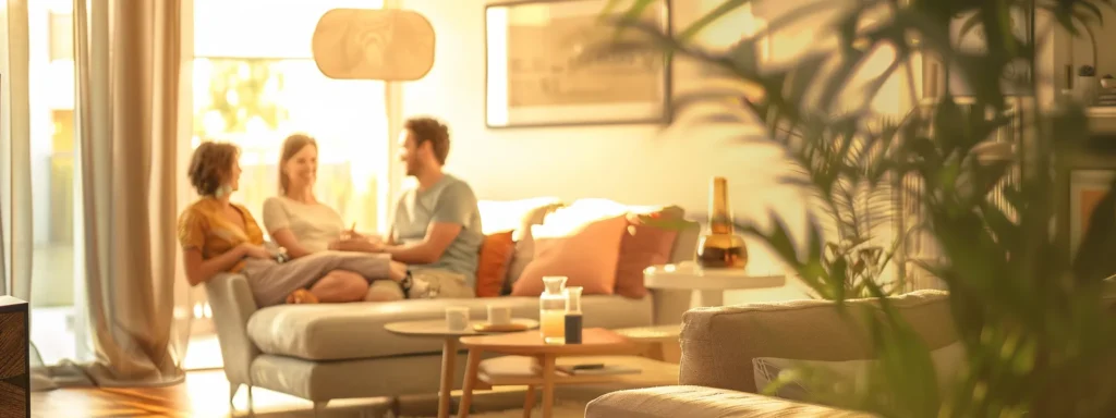 a vibrant interior scene showcases happy customers enjoying a beautifully designed home, filled with natural light and elegant decor that highlights the warmth and comfort of their surroundings.