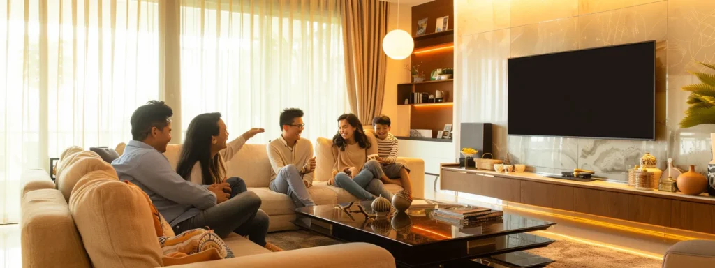 a vibrant living room adorned with elegant furnishings and cascading natural light highlights a group of joyful customers, radiating warmth and satisfaction in their beautifully designed home.