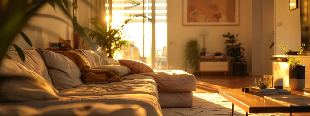 a warm and inviting living room, bathed in soft, golden light, showcases beautiful decor and happy customers enjoying their serene surroundings.