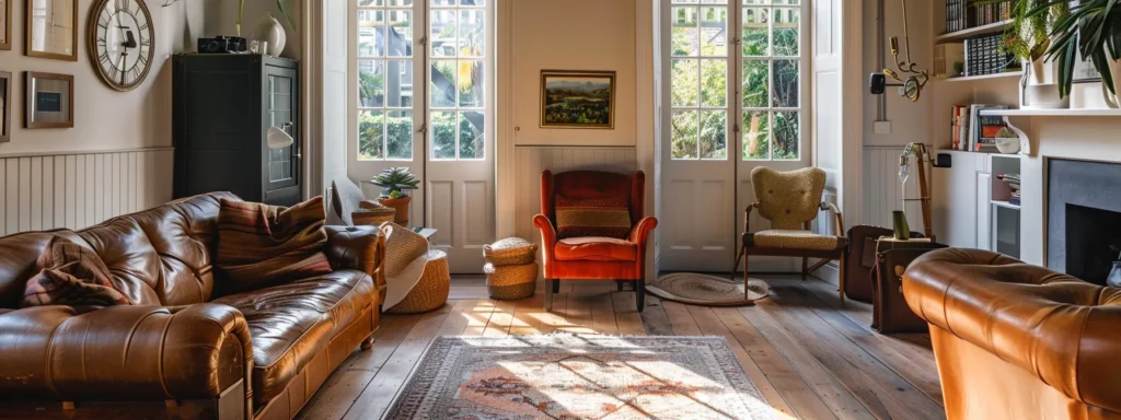 a warm and inviting living room beautifully styled with plush furnishings and natural light streaming through large windows, creating an atmosphere of comfort and happiness among the cheerful customers enjoying the space.