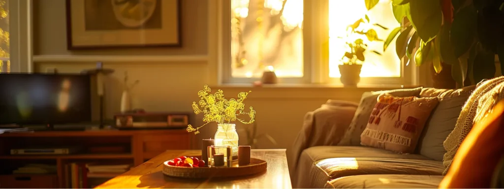 a warm and inviting living room bathed in soft, natural light, showcasing elegant furnishings and vibrant decor that captures the essence of happy, content homeowners.