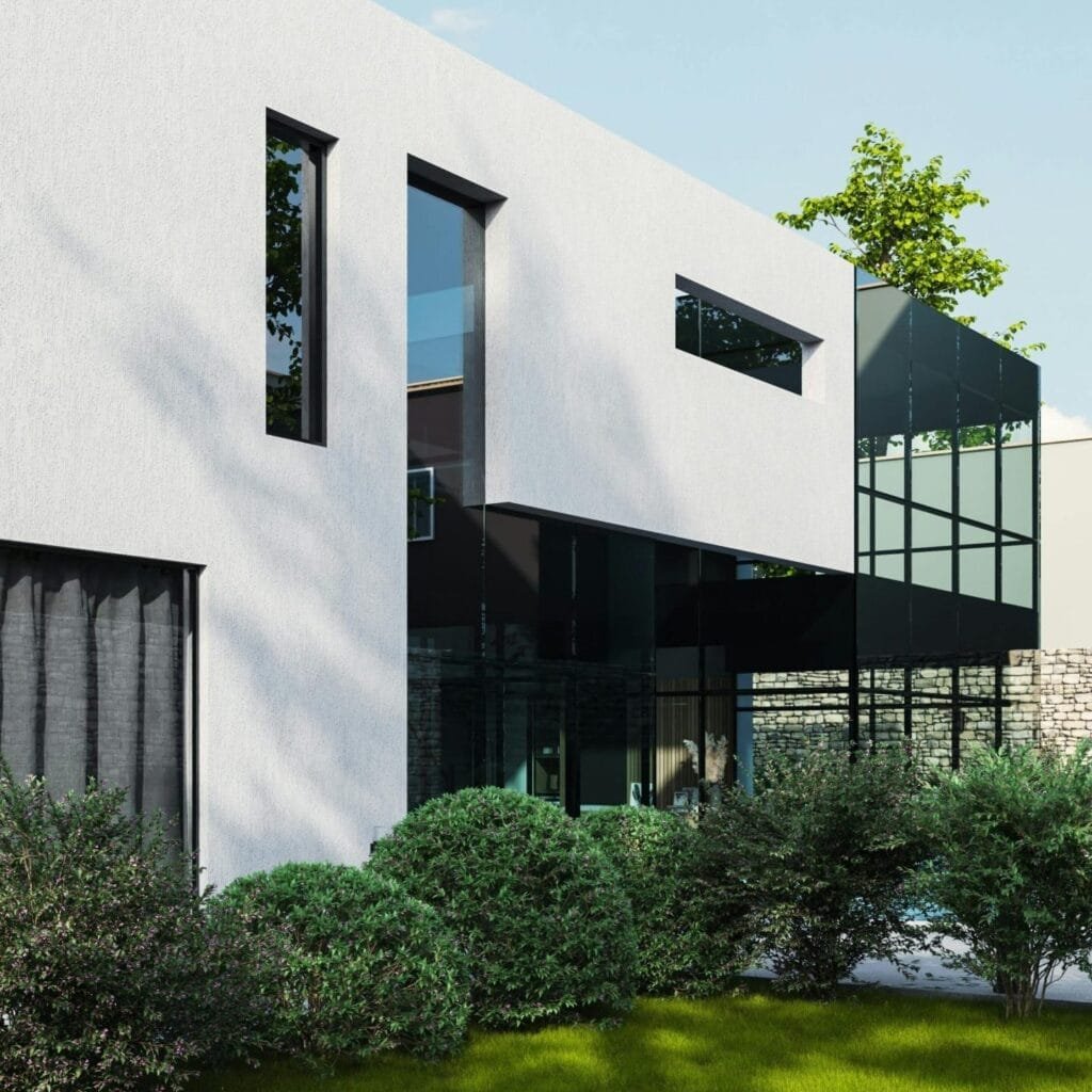 Contemporary architecture of a luxury villa with lush garden and daylight.