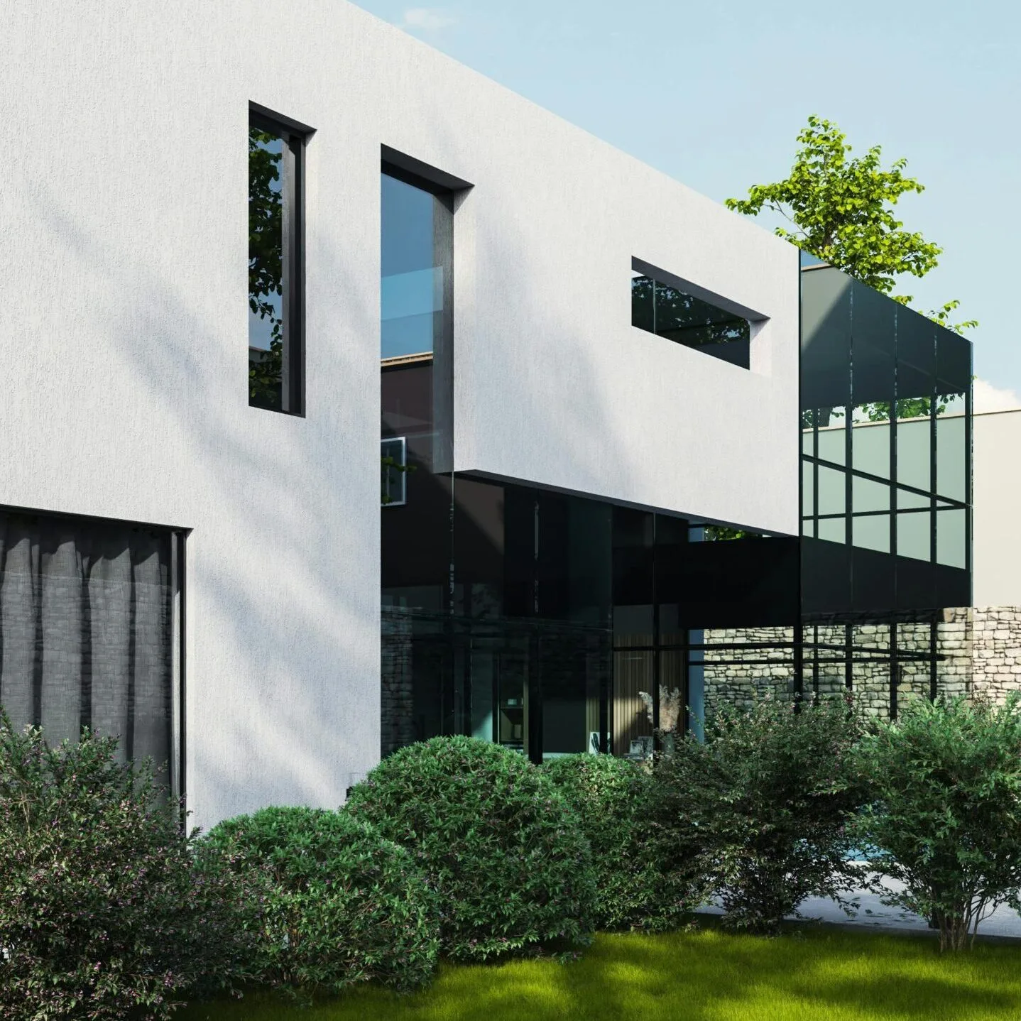 Contemporary architecture of a luxury villa with lush garden and daylight.