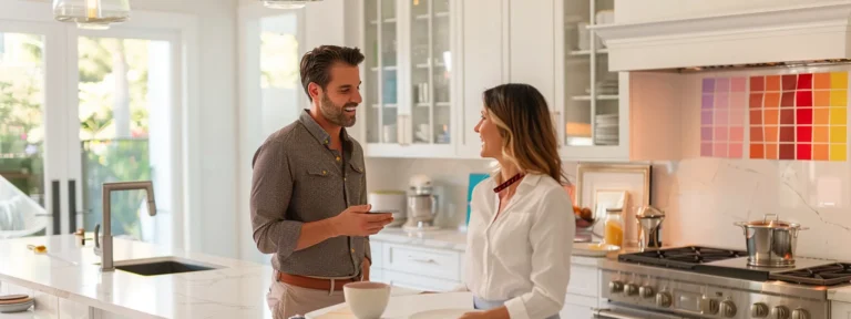 a cheerful homeowner discusses home painting options with a professional painter in a bright, modern sarasota kitchen, showcasing vibrant paint swatches on the countertop.