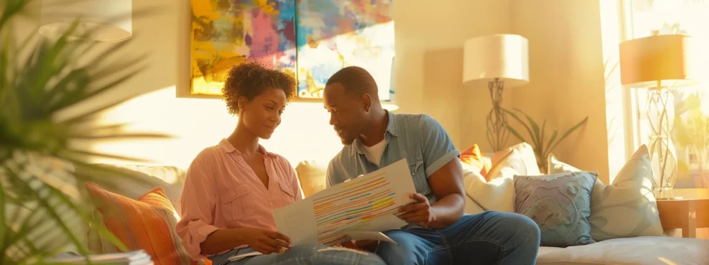 a confident homeowner meticulously reviews a colorful painting contract with a professional painter in a well-lit sarasota living room, showcasing samples of vibrant paint swatches on the wall.