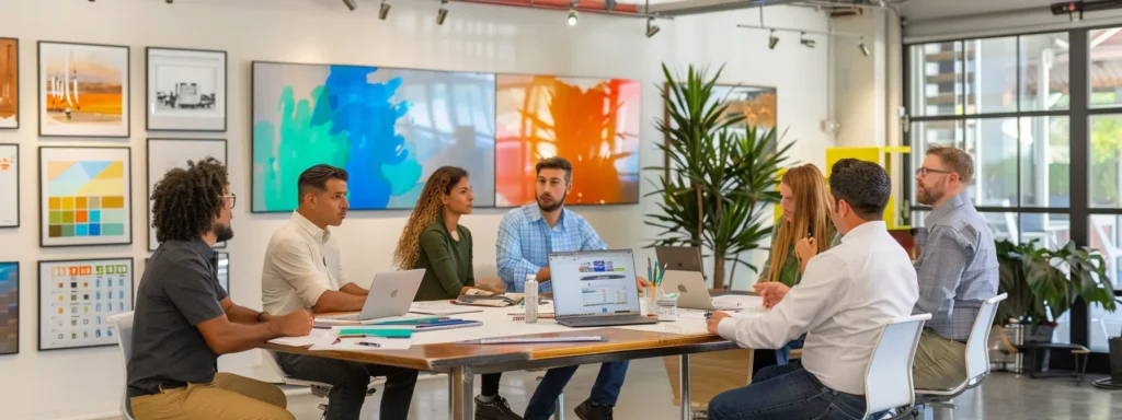 a focused conference room in sarasota features a diverse group of professional painters discussing detailed proposals, surrounded by colorful paint samples and blueprint plans spread across a polished table, highlighting collaboration and project planning.