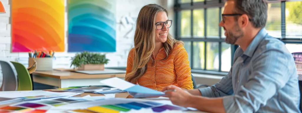 a focused view of a professional painter in a well-lit sarasota office, presenting verified credentials and licenses to a satisfied homeowner, with bright color swatches displayed prominently on a modern conference table.