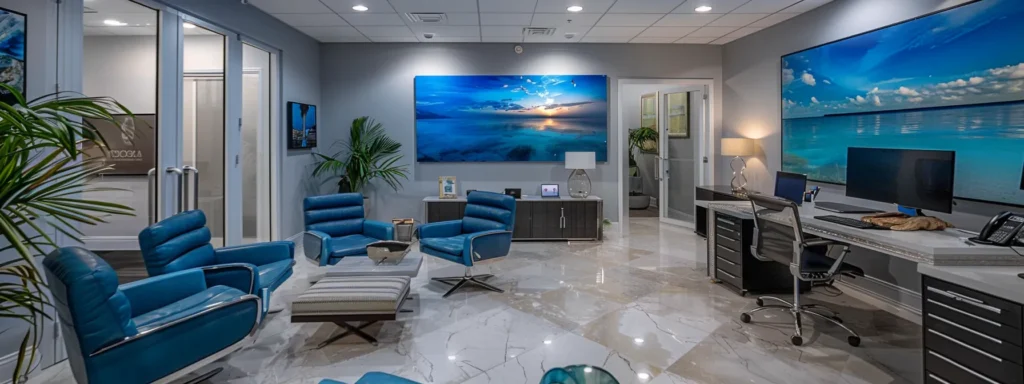 a polished office space in sarasota showcases a professional painter presenting an impressive portfolio of vibrant home renovation projects to satisfied homeowners, capturing the essence of trust and expertise in the painting industry.