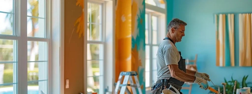 a professional painter in a well-organized sarasota home meticulously prepares the interior walls for a fresh coat, surrounded by tools and color samples, while a satisfied homeowner oversees the process, highlighting a seamless collaboration for a high-quality finish.