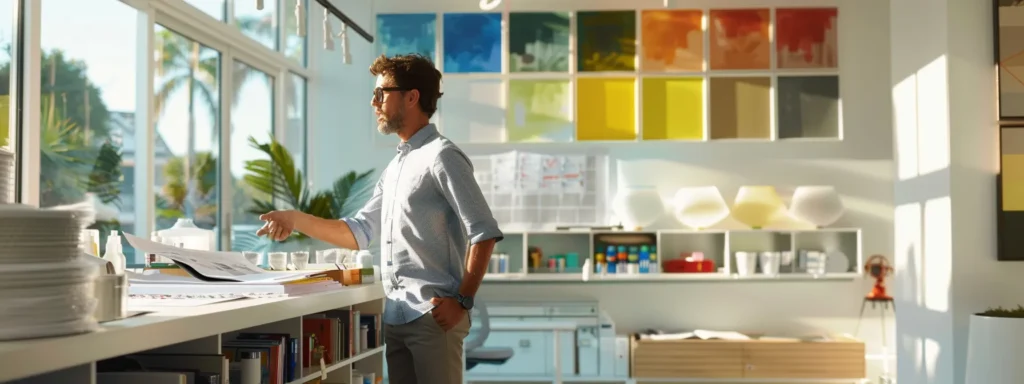 a professional painter in a well-lit sarasota office is engaging in a dynamic interview with a homeowner, surrounded by colorful paint samples and detailed project plans, showcasing a clear exchange of expertise and communication.
