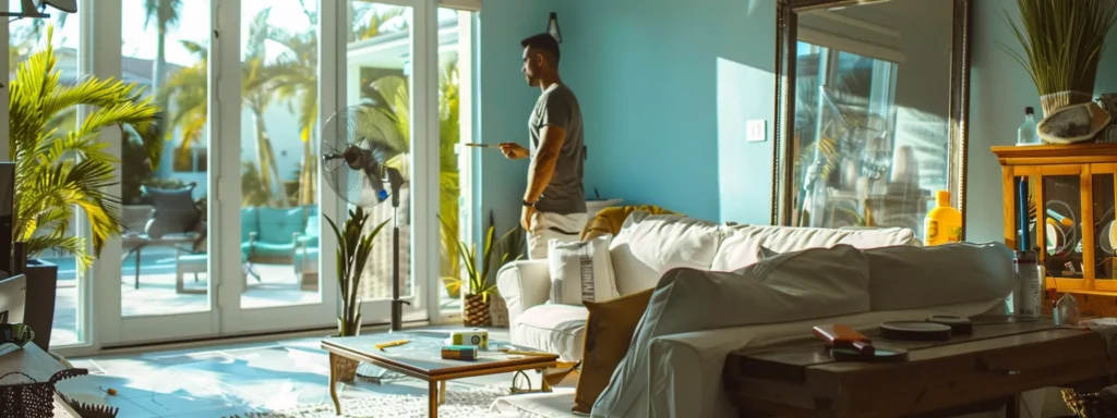 a professional painter meticulously prepares a vibrant sarasota home for a transformative interior painting project, surrounded by well-organized paints and tools in a brightly lit, modern living room, reflecting the project's meticulous planning and the satisfaction of the homeowners.