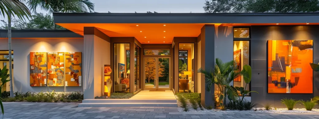 a vibrant, modern home in sarasota, florida, showcases two distinct painting techniques—one side reflecting a cheerful interior customization with warm tones, and the other highlighting a durable, weather-resistant exterior finish, all under crisp, professional lighting that accentuates the meticulous quality of the work.