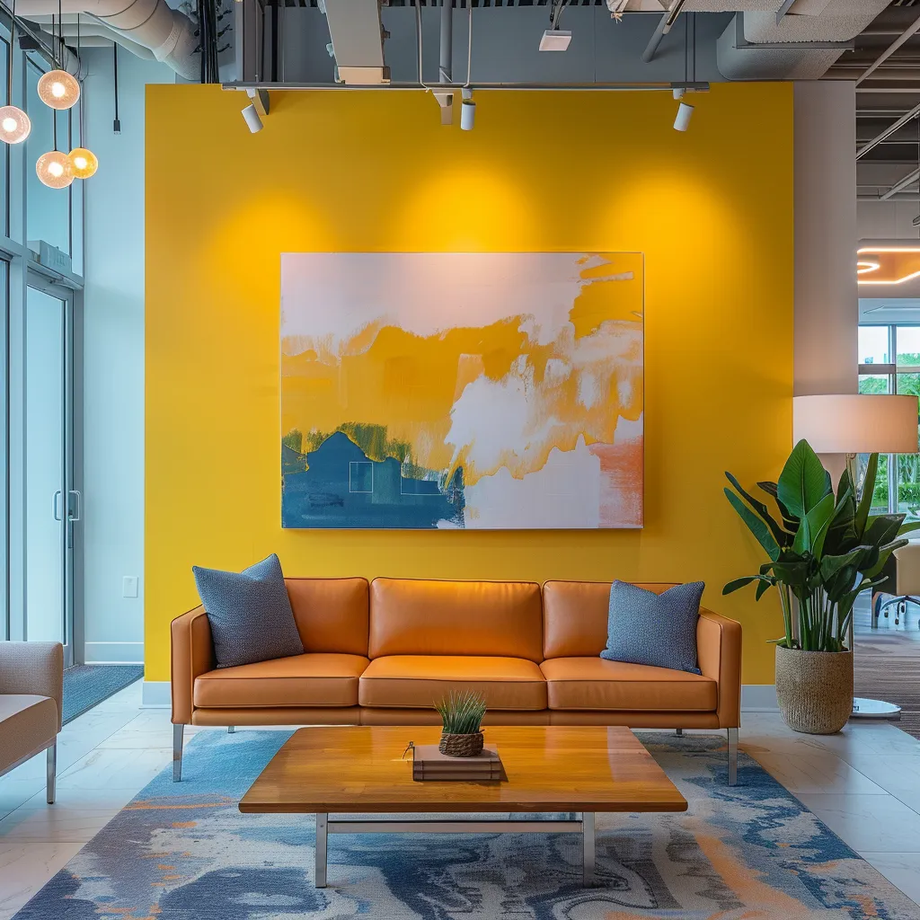 a vibrant modern office space in sarasota, florida, showcases a dynamic color palette of warm yellows, deep blues, and soft pastels, reflecting the 2025 color trends in an innovative designer workspace.