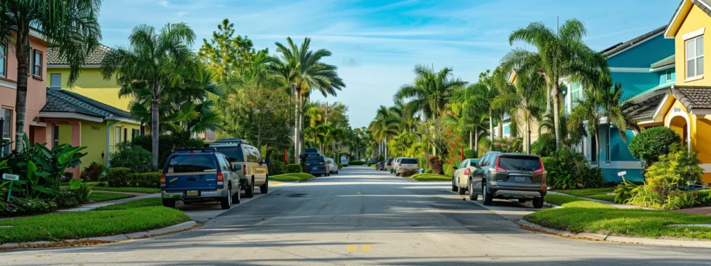 a vibrant, modern sarasota neighborhood showcases freshly painted houses, with satisfied homeowners discussing their experiences in front of various painting company vehicles, creating a lively atmosphere of trust and professionalism in residential painting services.