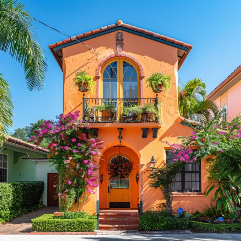a vibrant sarasota neighborhood showcases a professional exterior painter expertly applying a bright, fresh coat of paint to a charming home, with colorful facades and clear blue skies emphasizing the transformation of residential exteriors.