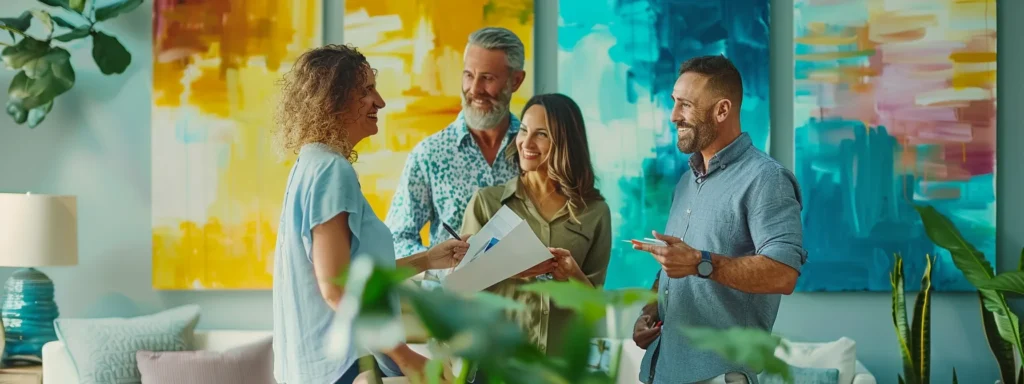 a vibrant scene of cheerful homeowners in sarasota, florida, discussing their painting project with a professional contractor in a stylish, well-lit living room, showcasing swatches and plans against a backdrop of freshly painted walls.