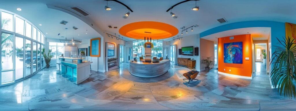 a bright and inviting coastal home in sarasota, showcasing freshly painted walls in modern hues, complemented by a group of cheerful and professional house painters discussing their techniques amid the elegant surroundings of luxury architecture.