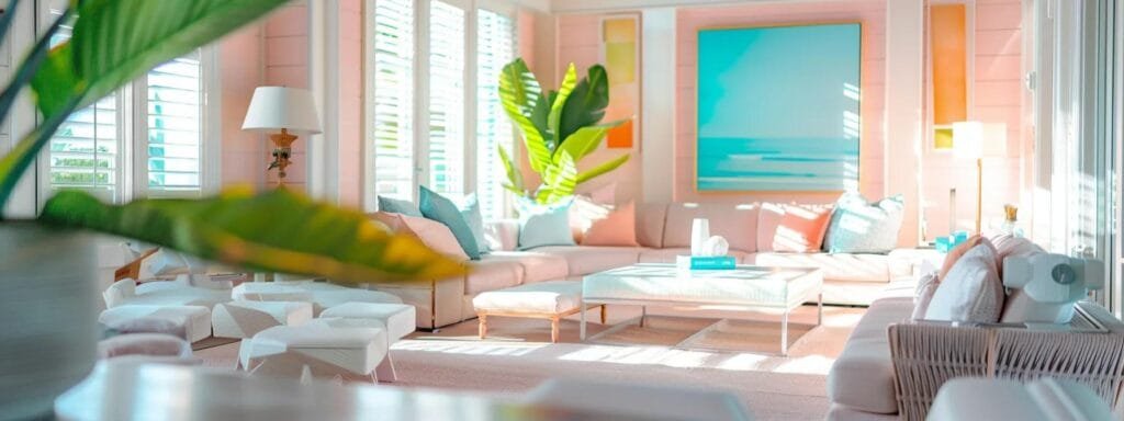 a bright, modern coastal interior of a luxury florida home showcases painters applying trendy pastel colors while cheerful homeowners admire the transformation, all depicted in a photo-realistic style.