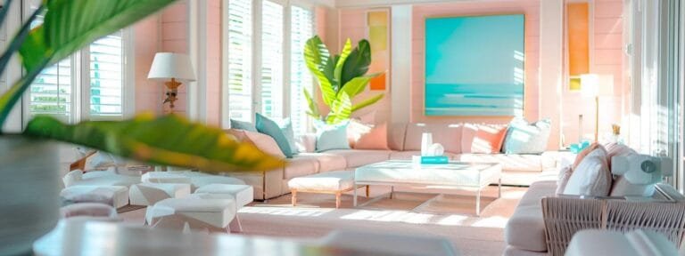 a bright, modern coastal interior of a luxury florida home showcases painters applying trendy pastel colors while cheerful homeowners admire the transformation, all depicted in a photo-realistic style.
