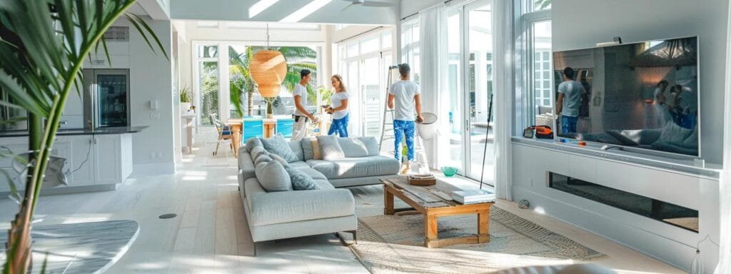 a bright, polished interior of a luxurious coastal home in sarasota showcases a team of friendly house painters applying premium, uv-resistant paint in soft, modern coastal colors, with happy homeowners admiring the transformation amidst a clean and organized workspace.