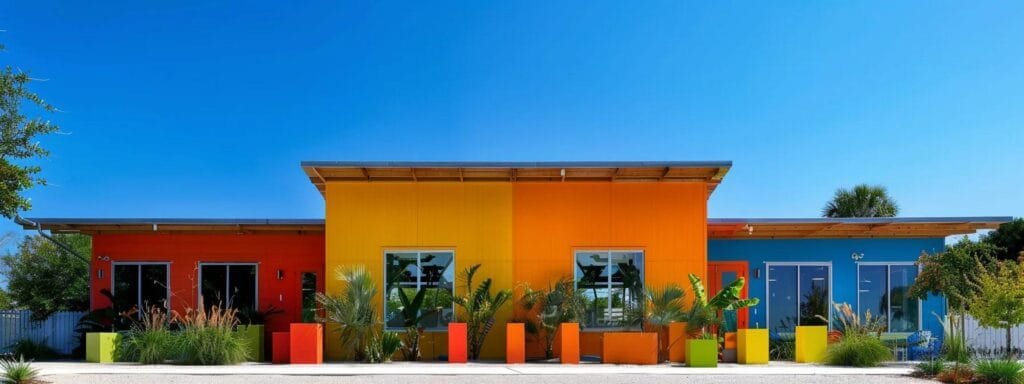 a charming sarasota home stands proudly under a clear blue sky, showcasing a fresh, modern coastal paint scheme with vibrant colors, as cheerful homeowners admire the expert craftsmanship of friendly exterior painters, enhancing the property’s curb appeal.