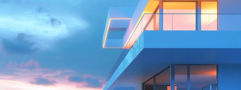 a modern florida luxury home exteriors, freshly painted with premium acrylic latex paint in soft coastal colors, showcasing clean lines and a friendly team of house painters interacting joyfully with satisfied homeowners, all under bright, artificial lighting to highlight the meticulous craftsmanship.