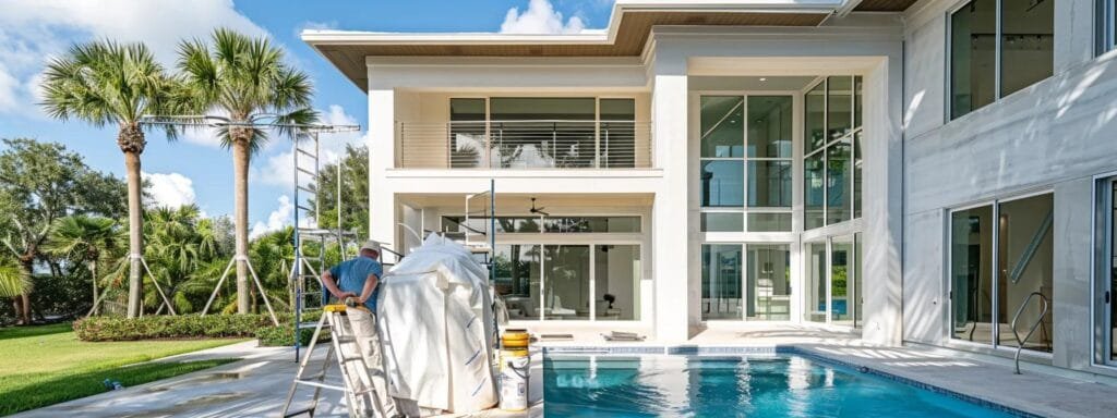 a modern florida luxury home is beautifully showcased with vibrant coastal color themes, featuring a clean and friendly painter meticulously working on the exterior, while happy homeowners admire the stunning transformation under bright, warm sunlight.