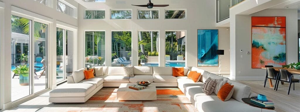 a modern, sunlit sarasota living room showcases fresh, vibrant coastal color themes, featuring a skilled painter applying innovative textured finishes, while happy homeowners admire the sleek, transformative results of cutting-edge paint technologies.