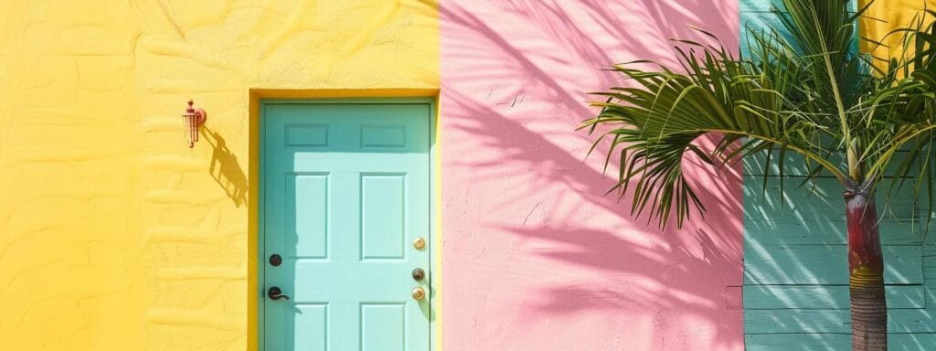 a vibrant and luxurious sarasota home, freshly painted in modern coastal color themes, showcases professional painters carefully applying premium paint to its exterior while happy homeowners admire the flawless results under bright, artificial lighting.