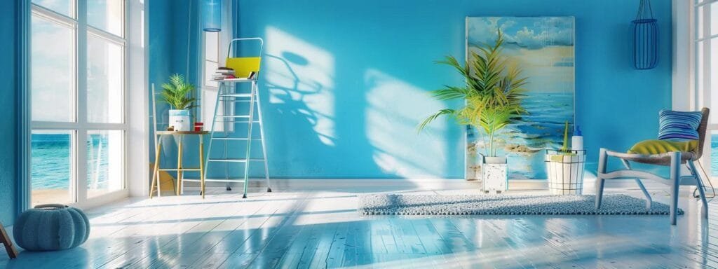 a vibrant coastal-themed home showcases skilled painters expertly applying fresh, durable paint while satisfied homeowners admire the stunning transformation in a clean, modern setting.