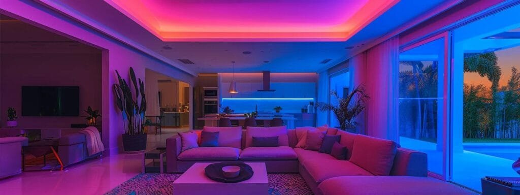 a vibrant interior of a luxury florida home showcases the latest 2025 color trends, featuring joyful homeowners and professional designers discussing cohesive palettes under stylish, warm lighting.