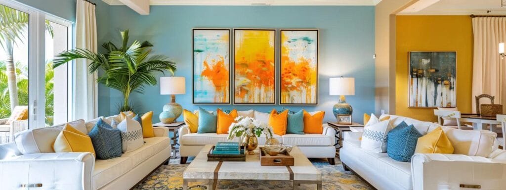 a vibrant living room in a luxurious sarasota home showcases stylish interior design, featuring walls painted in soothing soft blues and cheerful yellows, with joyful homeowners and professional designers engaged in a collaborative discussion about the transformative power of color psychology.