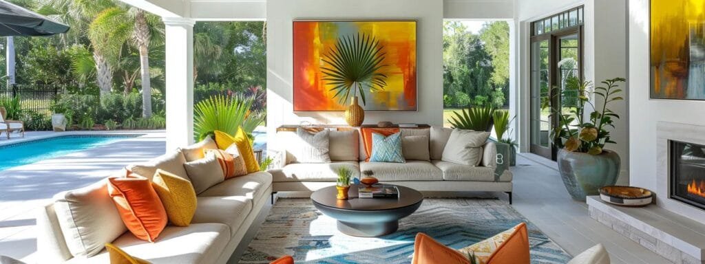 a vibrant, upscale sarasota home showcases the top color trends of 2025, featuring joyful homeowners collaborating with an interior designer and a professional painting crew in a sleek, modern outdoor setting.