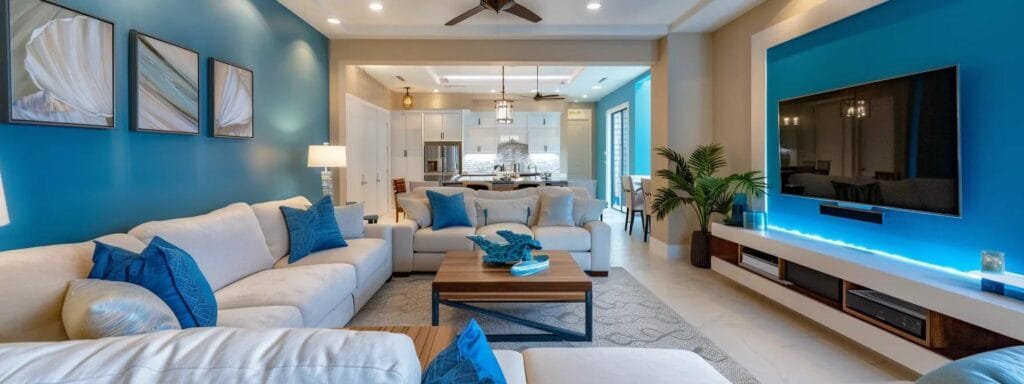 an elegantly designed interior of a modern florida home showcases the top paint color trends of 2025, featuring dramatic wall colors and stylish decor in a contemporary living space with bright, inviting lighting.