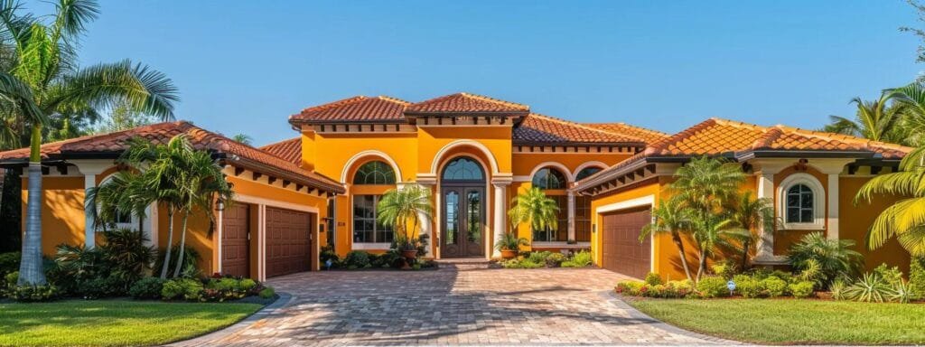 a vibrant image captures the exterior of an elegant sarasota home, freshly painted in trendy colors for 2025, showcasing gleaming surfaces that reflect the bright florida sunlight against a backdrop of a clear blue sky.
