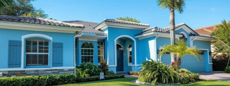 a vibrant, freshly painted home exterior in a charming sarasota neighborhood showcases a contrast between a diy painter with a roller and a professional crew using advanced equipment, highlighting the choices in home painting services.