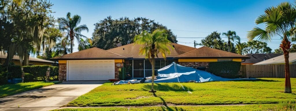 a vibrant sarasota neighborhood showcases a freshly prepped home exterior with painter's tape meticulously applied and a large tarp spread out, highlighting the contrast between diy preparation and the anticipation of professional painting services, all under bright, clear skies.